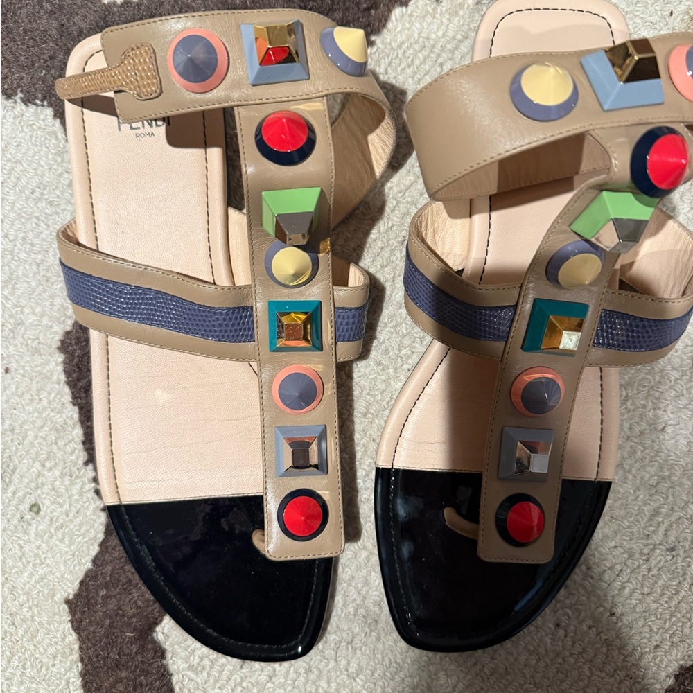 Fendi Beige Sandals with Multicolor Geometric Studs